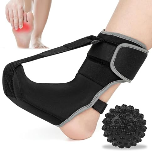 Planteringsbandage nattstång, nattskena kvinnor och män för plantar fasciit med justerbar massageboll ankel ortoser för platta fötter akilles tendonit fotsmärta (svart)