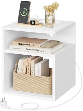 EUGAD Table de Chevet Connectée, Table de Nuit avec Prise Intégrée, 2 Prises AC, 1 Port USB, 1 Port Type-C, 2 Compartiments Ouverts, en Bois d'Ingénierie, Blanc