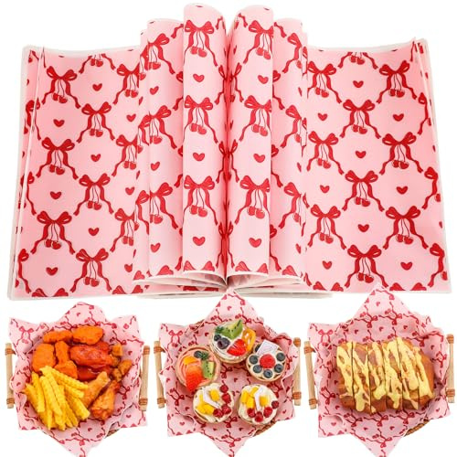 Supervitae 150 Pcs Valentine Wax Paper Sheets for Food Baking Sandwich Wrapping Tissue Heart Parchment Paper Greaseproof Waterproof Basket Liners for Picnic Valentine Party Favors(Cherry Bow)