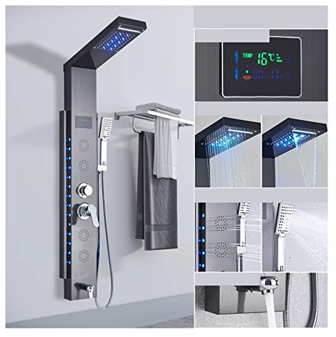 Duschpanel i rostfritt stål tornsystem Led duschpanel 5 funktion Badrum Duschkran Väggmontering Svart kall och varm duschpelare(8003 black)