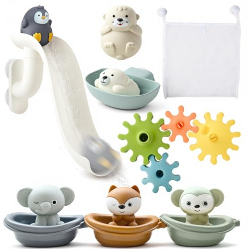 Jouet de Bain pour Bébé, Jouet Bain Bebe 1 an, Jeux Bain Bebe à Circuit avec Bateaux Empilables, Engrenages et Sac de Rangement, Facile à Assembler, Jeux Educatif Idéal Cadeaux Bébé Enfant 1 2 3 Ans