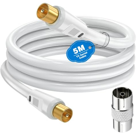 Ancable TV Aerial Cable with Coaxial Adapter 5M White TV Ariel Lead | Straight Angled Plug | Coaxial RF Lead Male to Male | Gold-Plated | Satellite Cable TV Antenna