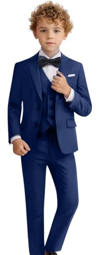 Addneo Boys 5 Pcs Suit Set Formal Dress Shirt with Bowtie Vest Pants Toddler Boy Tuxedo Suits Navy Blue，7