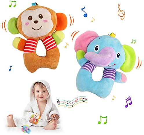 LEADSTAR Baby Rasseln Spielzeug,2 Stück Greifling zum Rasseln Cartoon Tier Rassel Kleinkind Spielzeug mit Klingel Glocke Sensorisches Spielzeug für Babys und Kleinkinder ab 3-12 Monaten
