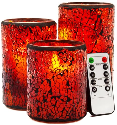 TELOSMA LED Mosaic Flameless Candle, Red Yellow Cracked Glass Pattern Pillar Candle - Centerpieces Table Bed Fireplace Autumn Decor - Set of 3