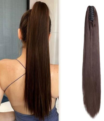 TESS Coleta Postiza Pelo, 53 cm Liso Postizos de Pelo Sintetico #M4 Hellbraun Coleta Extensiones con Pinza para Mujeres