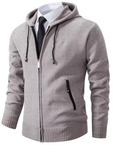 Shuanghao Men's Cardigan Sweater Knitwear Jacket Coat Classic Casual Thick Velvet Wool Fleece Warm Long Sleeve Relaxed Fit Zipper Knitwear Sweatshirt Active Sweater for Men UK Gray XL(Hooded)