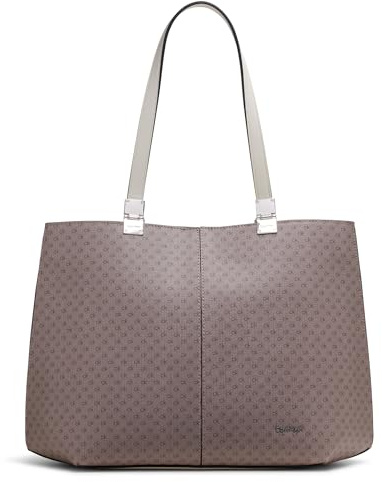 Calvin Klein Women's Granite Geometric Tote Bag – Vegan Leather, Monogram, 3 Pockets, Almond/Taupe/White, One Size