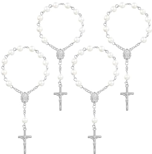 Auto-Rosenkranz Für Rückspiegel,4 Stück Rosenkranz Auto,Mit Kruzifix In Silber,Vintage Kreuz Rosenkranz Anhänger,Für Autofahrer Geschenk,Auto-Hängezubehör