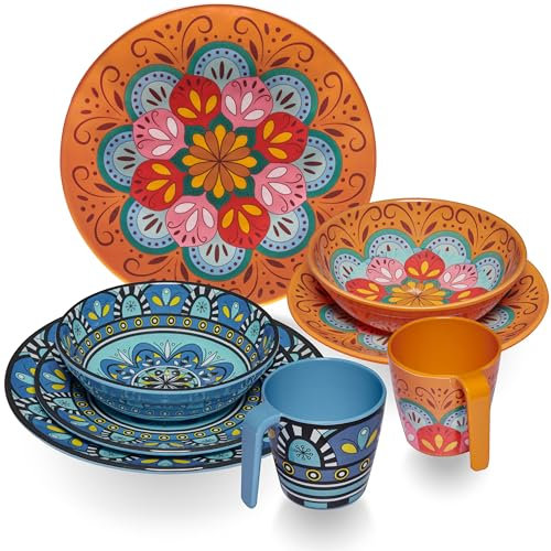 Set de vaisselle en mélamine Toscane pastel pour 2 personnes – 8 pièces – Orange/bleu – Aspect mandala Vaisselle de camping Camping Camping Festival Pique-nique Jardin Party