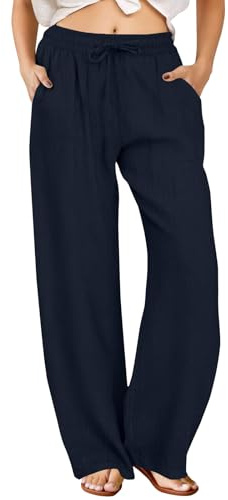 FireSwan Linen Pants Women Drawstring Elastic Waist Wide Leg Palazzo Pants