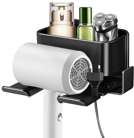 YNNHUDEEP Fönhalter Ohne Bohren, Föhn Halterung mit Kabelhalter und Aufbewahrung, 14 x13.8 cm Aluminium Föhn Halterung für Bad Barbershop Hotel(Schwarz)