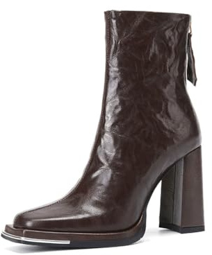 Stivaletti alla Caviglia in Vera Pelle Vintage da Donna con Cerniera, Comodi Stivali con Tacco a Blocco per Feste, Serate, Abiti per Le Vacanze,Marrone,38 EU
