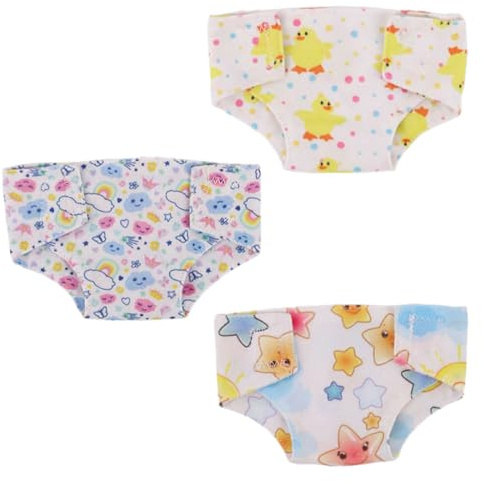 YUVKIN 3 wiederverwendbare Puppenwindeln, bedruckt mit bunten Mustern, waschbar, geeignet für Spielpuppen, Mädchenpuppen, Puppenzubehör