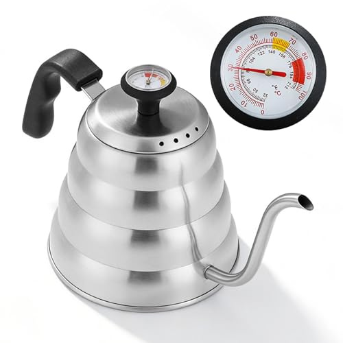 Hervidor de agua de cuello de cisne, 1 L, de acero inoxidable, hervidor de café con termómetro, jarra de café con caño largo para café de filtro, cafetera francesa, tetera (plata)