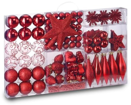 Wintem – Kit Addobbi Natalizi Rossi 102 Pezzi Infrangibili Palline per Albero di Natale e Casa con Sfere, Stelle e Cuori, Facili da Appendere e Riporre, Perfette per Addobbi Coordinati e Sicuri