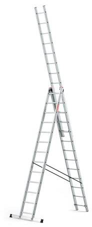 BAULICH - Multifunktionsstege - Aluminiumstege - 3-I-1 Anläggningsstege, Stativstege, Trappstege - 13 Steg - Tredelad, Professionell, för Hus-, Renoverings- och Byggarbeten, med Stabilisator, Silver