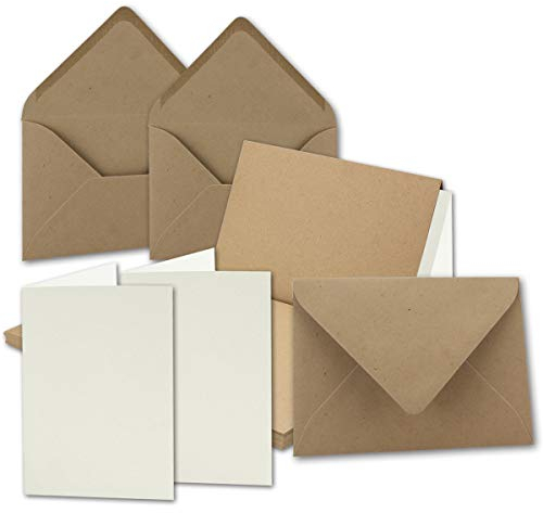 50x Vintage Kraftpapier Falt-Karten SET mit Umschlägen und Einlegern DIN B6-120 x 169 mm - braun - Recycling - blanko - NEUSER PAPIER