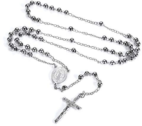 FaithHeart Rosenkranz Kette für Damen Herren Kreuzkette Orthodoxes Auto Rosenkranzkette Edelstahl Benedikt von Nursia Gebetskette Katholisch Halskette Rosary Necklace Religiöse Heiliger Schmuck