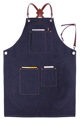 A.Monamour Correas De Cuero con Espalda Cruzada Ajustables Delantal De Mezclilla Azul con Bolsillos para Chef del Hotel, Cocina Casera, Asador para Barbacoas, Trabajo De Talle Hombres