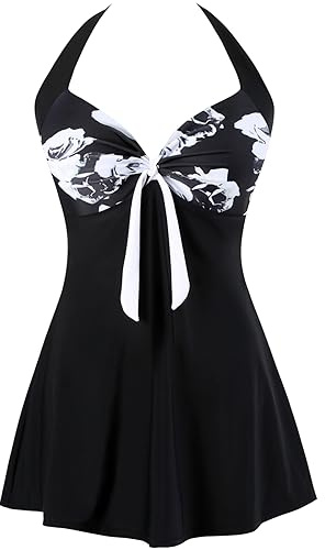 Sixyotie Women's Plus Size Swimsuit One Piece Swim Dress with Skirt Tummy Control Swimwear (Black Flower, 3XL)