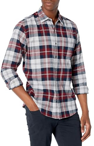 Amazon Essentials Camicia in Flanella a Maniche Lunghe Uomo, Bordeaux Grigio Motivo Scozzese, L
