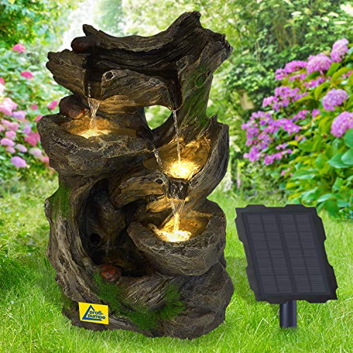Fontana solare da giardino Cascata Grigio chiaro Pompa per laghetto da giardino per patio con pompa Funzione di avvio istantaneo con batteria agli ioni di litio e luce LED (MÄRCHENWALD)