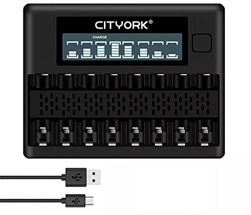 CITYORK LCD Smart snabbladdare 8 platser - Kompatibel med AA AAA NiMH/NiCd batteripaket - Laddnings-, urladdnings-, uppdaterings- och spänningstestfunktioner