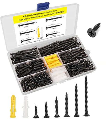 M3.5 Wood Screw Assembly Kit,Drywall Screws,Phillips Drive Flat Head Self Tapping Screw Set,Kitchen Cabinet Drywall Small Screws 300 Pcs,Length 5/8 to 2,Oxide Coated Deck Black or DIY Fasteners.