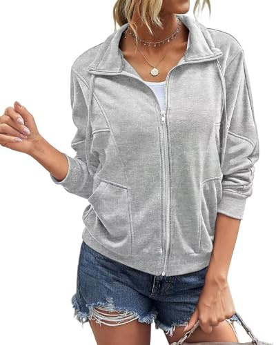 INFITTY Zip Up For Women Lapel Collar Tops Lightweight Coat Casual Long Sleeve Workout Tops Grey Size X-Large