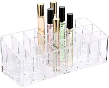 SUMTree Rollerball Perfume Organizer Beauty Scent Holder 24 Space, Cosmetic Display Case, Organization Container Storage For Tall Scented Oils, Lipsticks, Transparent