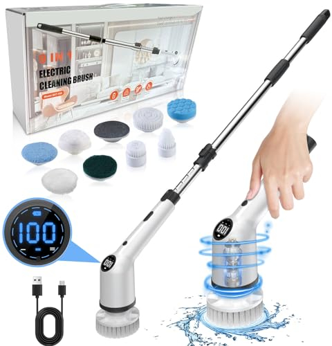 Spazzola Elettrica Rotante, 9 IN 1 Spazzola Elettrica per Pulizia Casa, Manico Allungabile Regolabile e 3 Velocità di Rotazione per Bagno/Cucina/Auto/Pavimento, Finestra