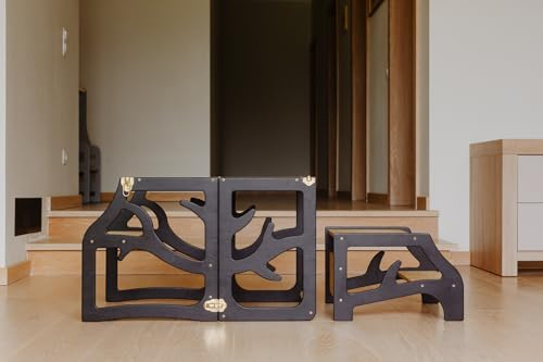 Weco Kinder-Lernturm 3 in 1 mit Tritthocker weißer Schreibtisch Montessori Möbel Küchenhelfer klappbar (Schwarz)