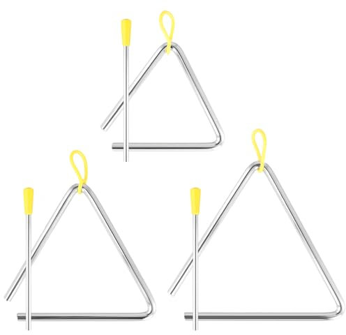 SYUTBOU 3 Triángulos Musicales de Metal, Instrumentos Musicales de Percusión Triangulares, 4 Pulgadas, 5 Pulgadas, 6 Pulgadas, Instrumentos Triangulares con Mazo, Color Plata