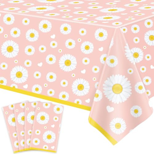 TJYJOY 4 Pack Daisy Tablecloth Flower Table Cloth Groovy Party Tablecloth Daisy Themed Table Covers Flower Birthday Table Cloth for Summer Beach Pool Party Supply 51 x 86 Inch