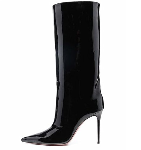 BHGLUZGBY Stivali con Tacco Alto da Donna Stivali di Media Altezza Stivali con Tacco Alto Stivali con Gamba Larga Stivali al Ginocchio Stivali Slip-on in Vernice,Black,39