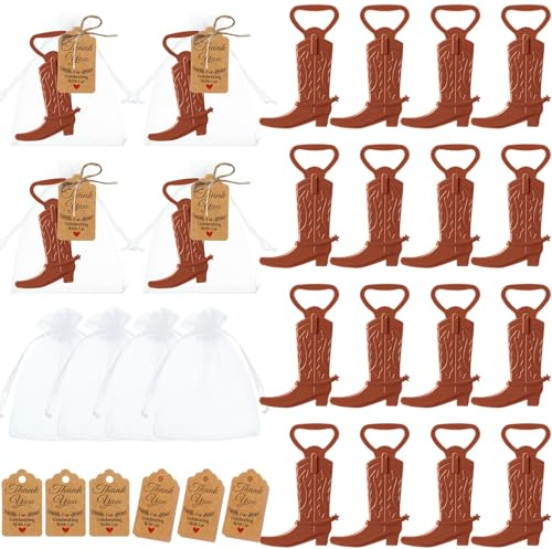 Meanplan 99 Pcs Cowboy Boot Bottle Opener Set Cowgirl Western Derby Wedding Party Favor Includes Cowboy Beer Bottle Opener Organza Bag Thank You Tag and Jute Rope for Guest Wedding Party Baby Shower