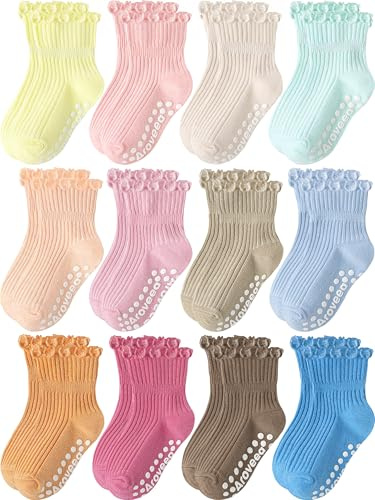 Aroveea Medias Antideslizantes Bebés y Niñas Pequeñas, con Volantes y Sujeción, Algodón, 12 Pares, Tallas 6M-7 Años