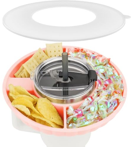 Musiwanna Bandeja de aperitivos con tapa para taza Stanley de 887 ml, solo para 887 ml, cuenco de aperitivos compatible con vaso de 30 onzas, soporte de silicona para aperitivos con 3 compartimentos
