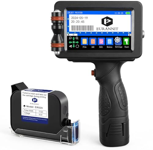 Eurannit Imprimante à Jet d'encre Portable E16 avec Encre à séchage Rapide ER520, buse de 0.5 pour Code à Barres de Date Logo Numéro de lot Imprimer sur Carton Tissu Bois Plastique Métal Verre