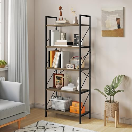 YITAHOME Bücherregal, Standregal mit 5 Ebenen, Hohes Lagerregal mit Metallrahmen, Industrielles Ausstellungsregal, Regaleinheiten, für Wohnzimmer, Schlafzimmer, Homeoffice, Küche, Grau Regal