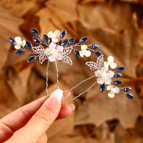 IYOU Femmes Mariage Épingles à Cheveux Fleurs Bleu Marine Pièce de cheveux Cristaux Accessoires de Coiffure pour Mariées Demoiselles D'honneur Invités (Paquet de 2)