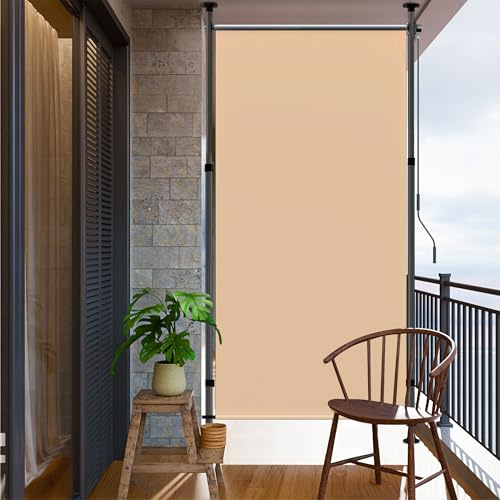 BelleMax Senkrechtmarkise Balkon außen ohne Bohren, 120x270cm Vertikalmarkise Balkonrollo Außenrollo Mit Kurbel, Markise für Terrasse, Sichtschutz Sonnenschutz Windschutz und Wasserfest Khaki