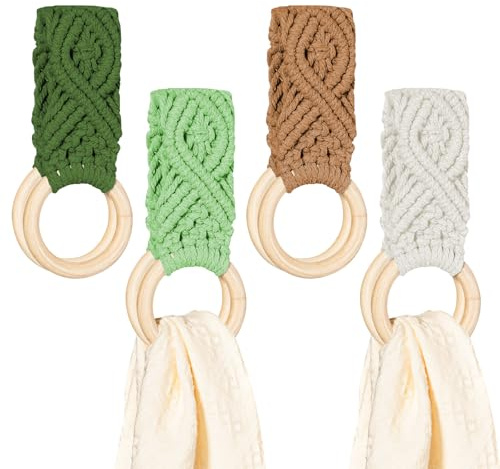 HEAVYWOOD 4 Pcs Kitchen Dish Towel Holder Boho Crochet Hanging Towels Loop with Wooden Ring Handmade Counter Knit Towel Hanger for Bathroom Cabinet House Oven (Avocado, Olive, Orch, Cream)