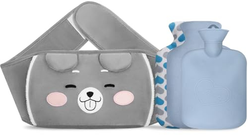 Votoko 3 In 1 Borsa Acqua Calda con Peluche Morbida Copertura e Cintura, Borsa Dell'acqua Calda 1L Gomma, Portatile Borse Acqua Calda Per Collo E Spalle, Schiena, Gambe, Vita Calda(Faccina)