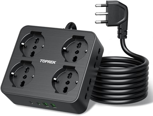 TOPREK Ciabatta Multipresa Elettrica con 8 Prese Universali ITA 10/16A e Schuko, 2 Metri Prolunga Elettrica e 2 USB C(20W PD3.0 Ricarica Rapida) e 2 USB A con Interruttore, 16A Spina Gomito 90°, 4000W