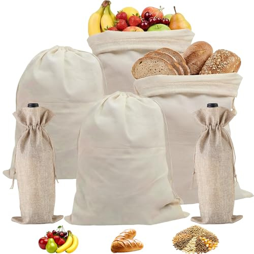 4 Pezzi Sacchetto Portapane, 2 Pezzi Sacchetto Vino con Coulisse, 30 × 40 cm Portapane pane, Sacchetti stoffa, Sacchetti per pane, Portapane per Frutta, Verdura, vino