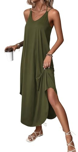 YKDLLF Robes Longues d'été décontractées pour Femmes à Bretelles Spaghetti Tenues de Vacances hawaïennes Longue et Fluide Dress Ample D’Intérieur Elegant Couleur Unie Robes de Soirée