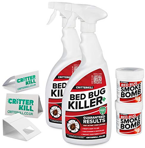 CritterKill Bed Bug Killer Kit - For Low Level Home Infestation - Bedbug Spray + Smoke Bombs + Insect Traps (2L / 2x16g / 3)