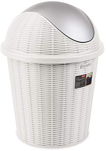 Mülleimer 10 Liter rund Weiß Rattanoptik Schwingdeckel Schwingdeckeleimer Kunststoff Küche Büro Bad Putzeimer Kosmetikeimer Papierkorb Eimer Abfalleimer Abfallbehälter Mülltonne Müll Abfallsammler
